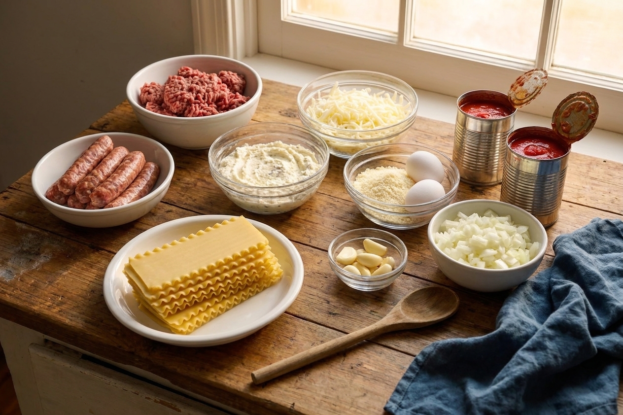 Lasagna ingredients including dry lasagna noodles, ground beef, Italian sausage, ricotta, mozzarella, Parmesan, eggs, garlic, onions, and canned tomatoes arranged on a clean kitchen counter