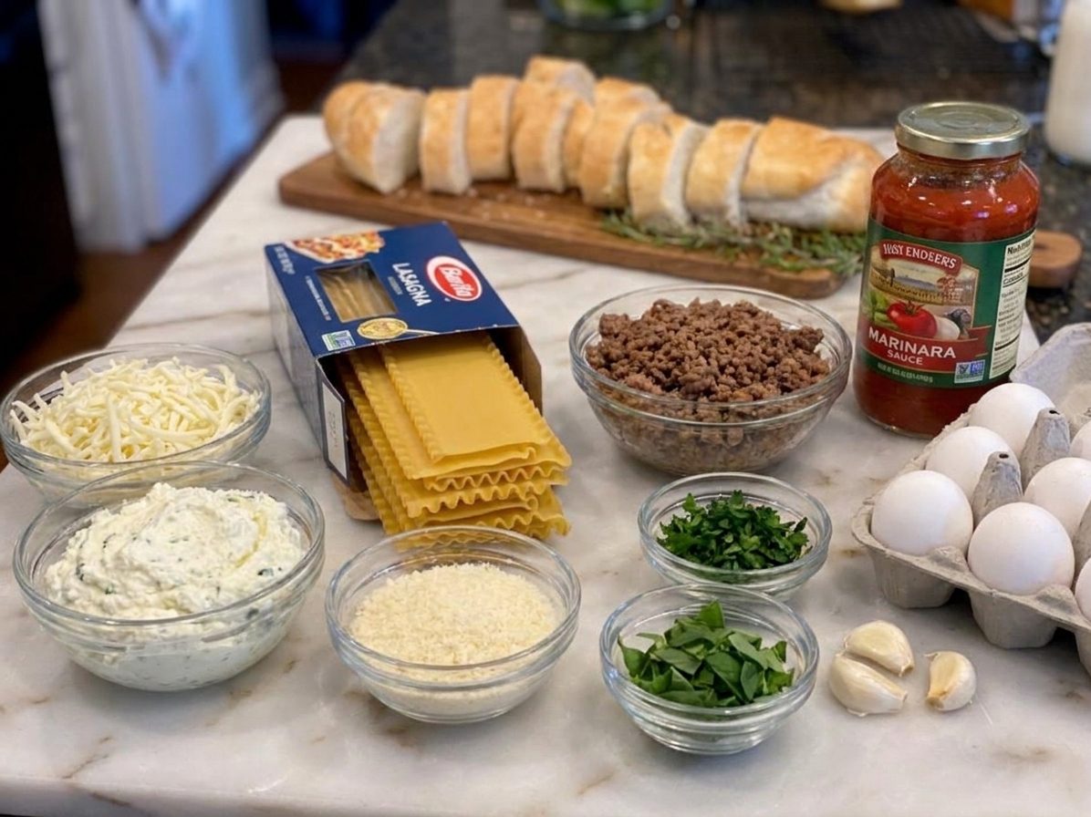 Lasagna ingredients on a kitchen counter including ricotta, mozzarella, parmesan, lasagna noodles, ground meat, marinara, eggs, garlic, and herbs