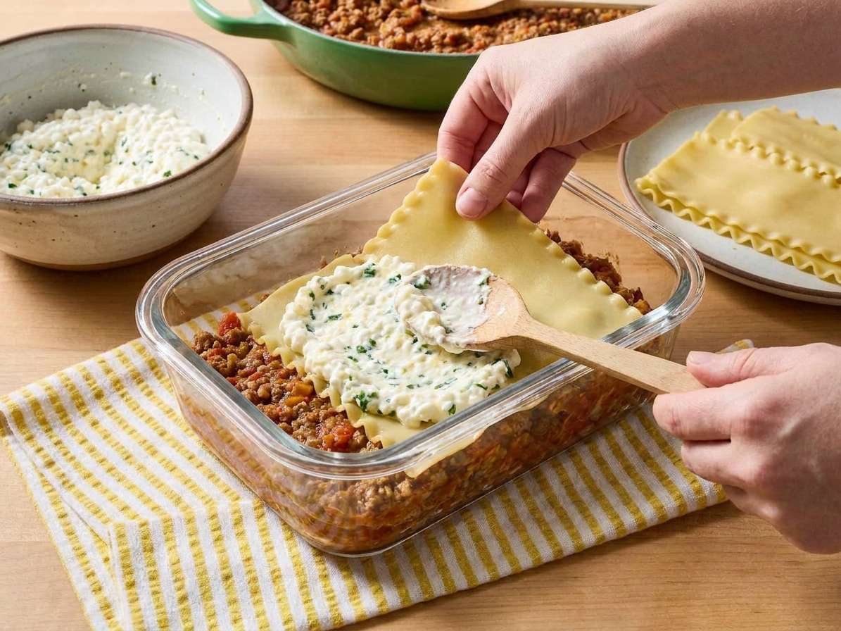 Lasagna noodles being layered and a creamy cottage cheese mixture being spread in a baking dish on a kitchen counter