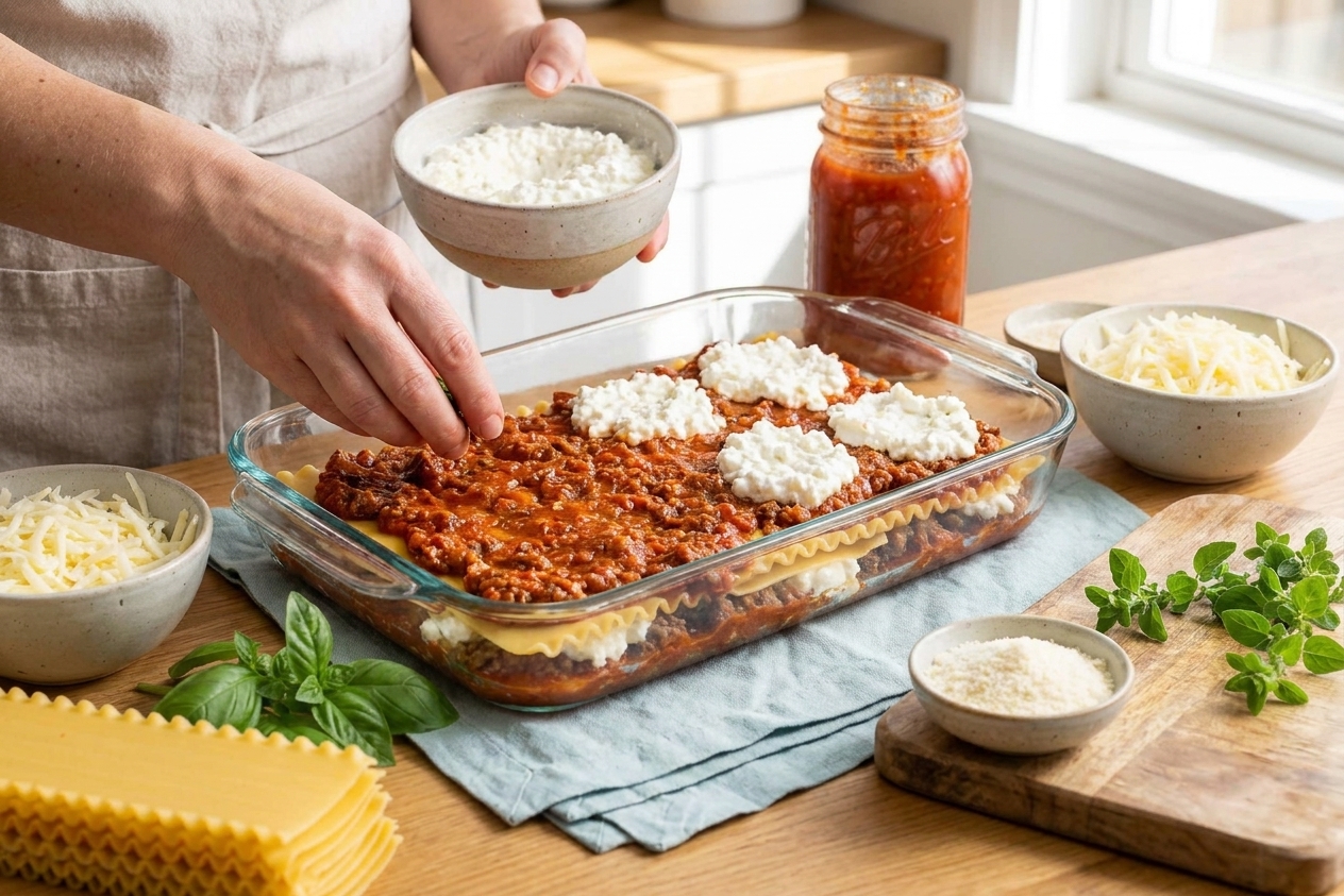 Lasagna noodles, meat sauce, and cottage cheese mixture being layered in a glass 9x13 baking dish on a warm kitchen counter