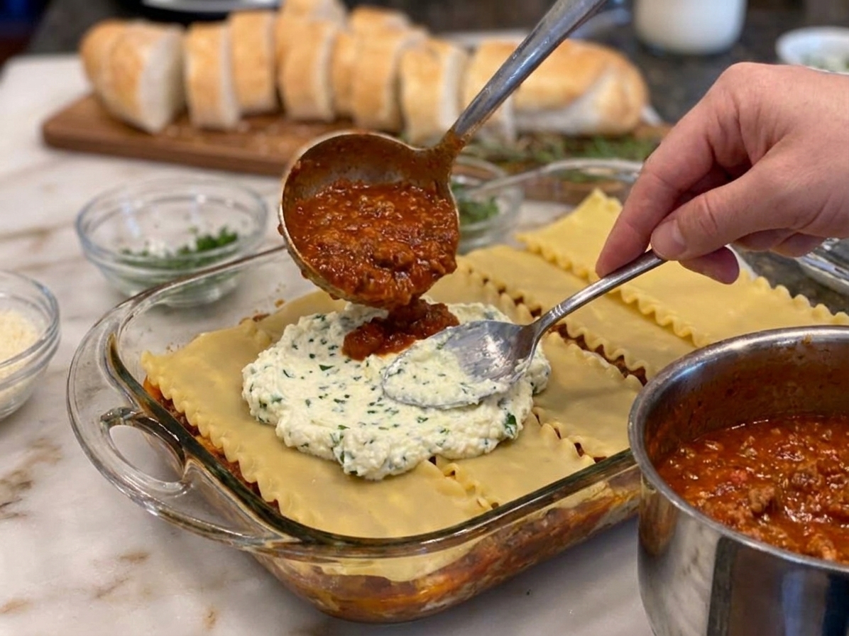Lasagna noodles, ricotta mixture, and meat sauce being layered in a glass 9x13 baking dish on a kitchen counter
