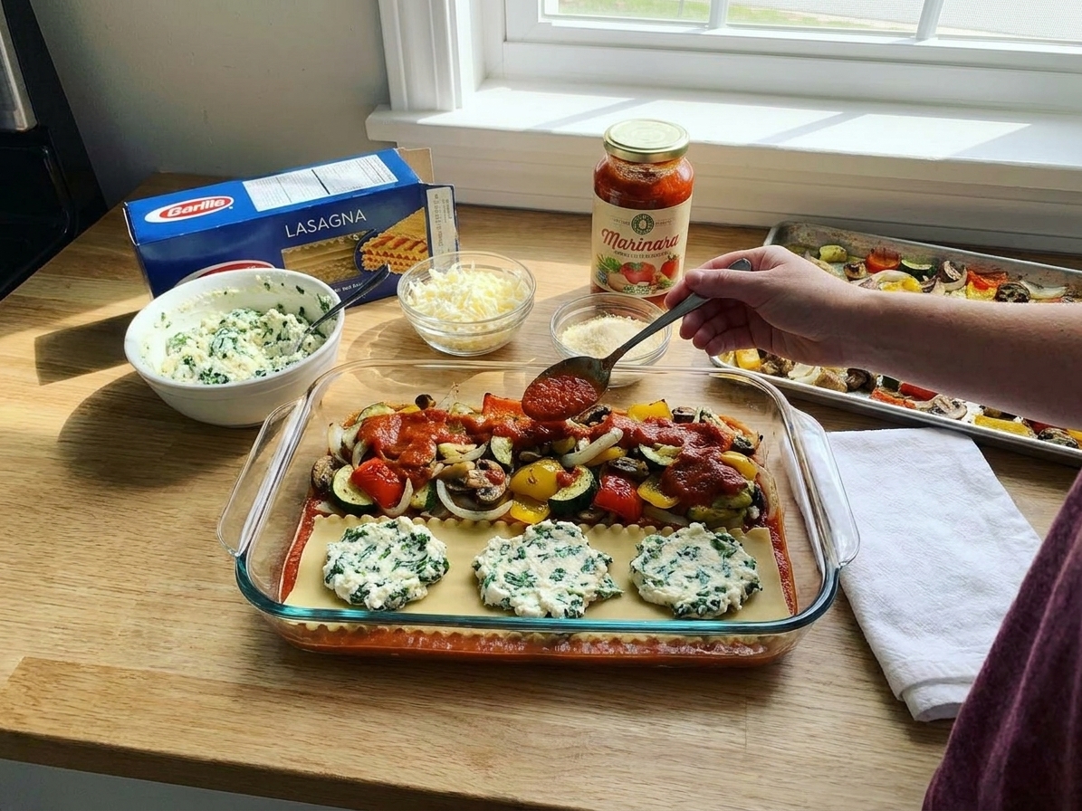 Lasagna noodles, ricotta mixture, roasted vegetables, and sauce being layered in a glass 9x13 baking dish on a kitchen counter