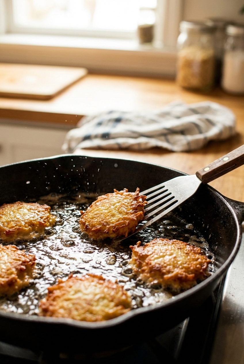 Latkes frying in a skillet with bubbling oil and a spatula nearby