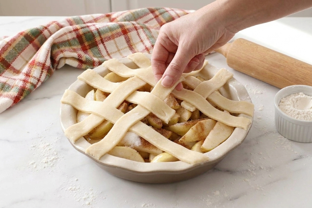 Lattice strips being arranged over a pear pie filling in a ceramic pie dish on a kitchen counter