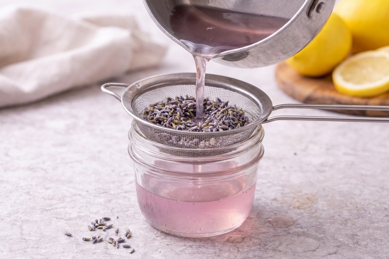 Lavender syrup being poured through a fine-mesh strainer into a glass jar on a kitchen counter, with spent lavender buds visible in the strainer
