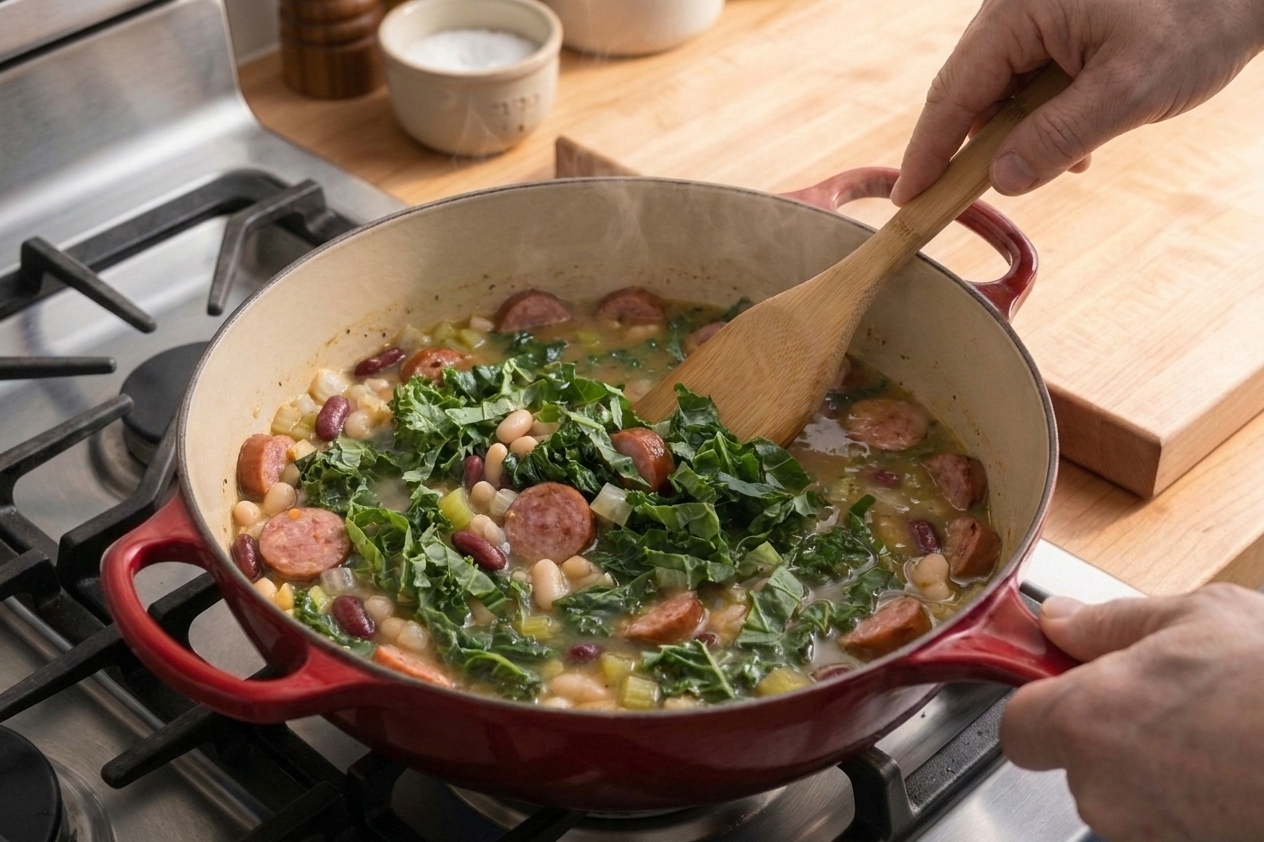 Leafy greens being stirred into a simmering pot of soup on a stovetop with a wooden spoon