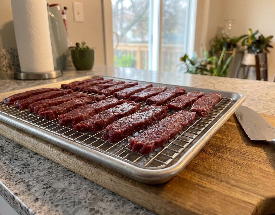 Lean beef strips drying on a wire rack set over a sheet pan, ready to go into a low oven