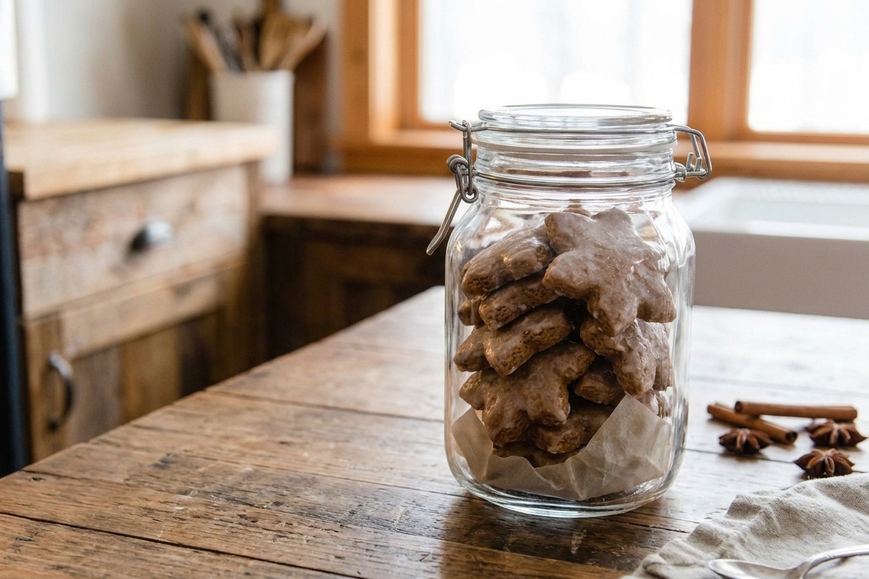 Lebkuchen cookies stacked in an airtight glass container lined with parchment on a kitchen counter