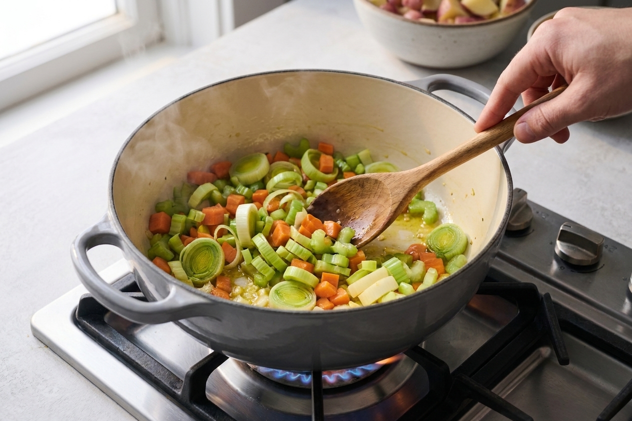 Leeks, celery, and carrots sautéing in a Dutch oven on a stovetop with a wooden spoon stirring