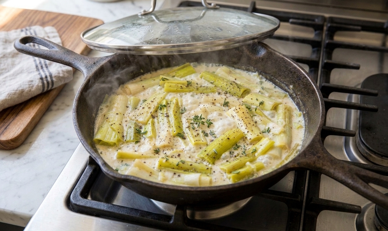 Leeks simmering gently in a wide skillet with a partially covered lid on a home stove