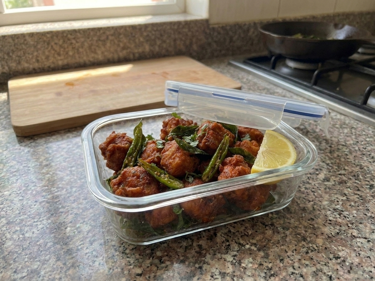 Leftover Chicken 65 stored in a glass meal prep container with a lemon wedge on a kitchen counter