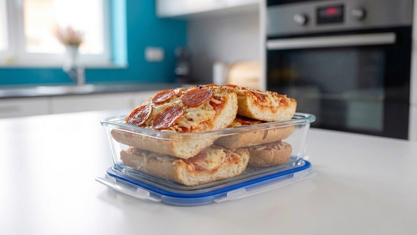 Leftover French bread pizza slices stored in a glass container with a snap lid on a kitchen counter