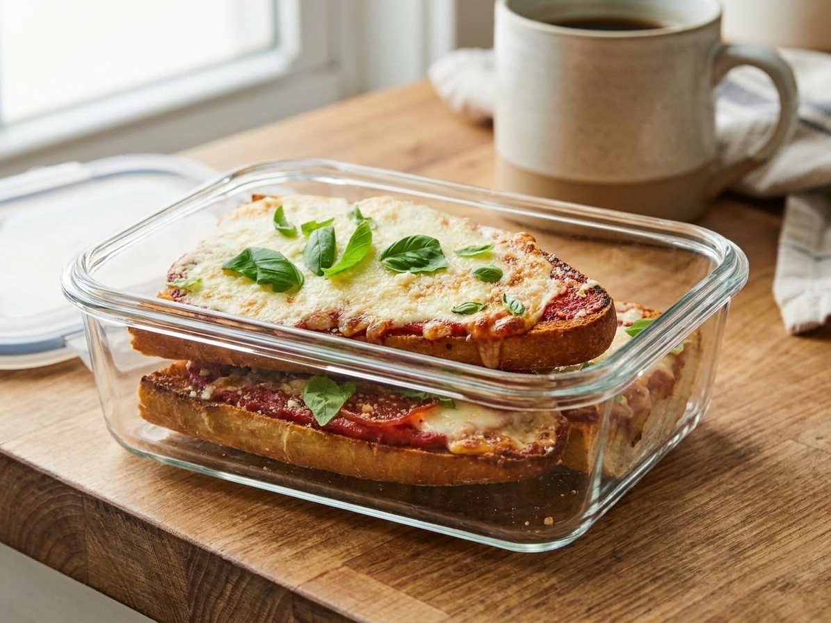 Leftover French bread pizza slices stored in a glass airtight container on a kitchen counter, with a few slices visible showing melted cheese and pepperoni