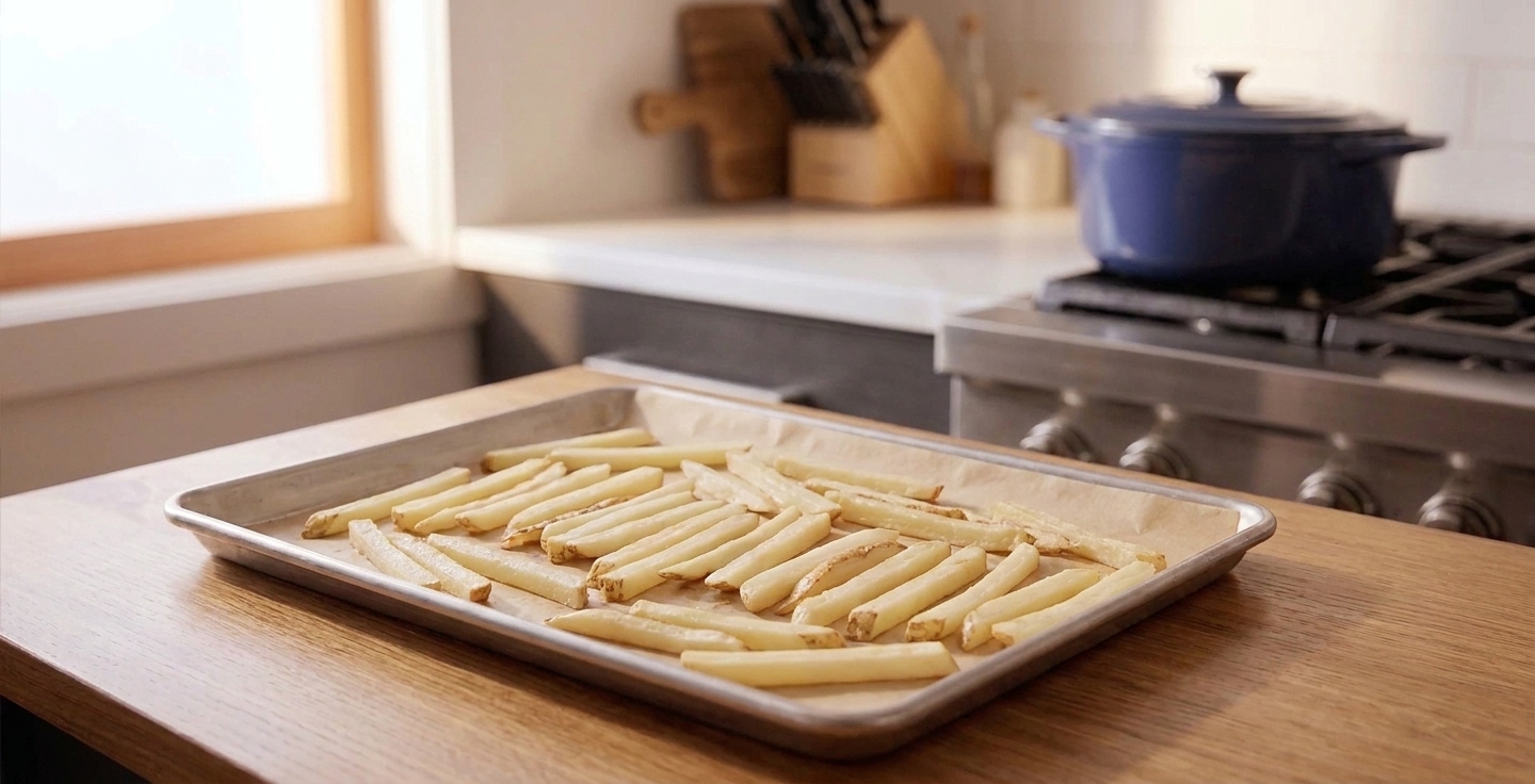 Leftover French fries spread in a single layer on a metal sheet pan ready to reheat in a home oven