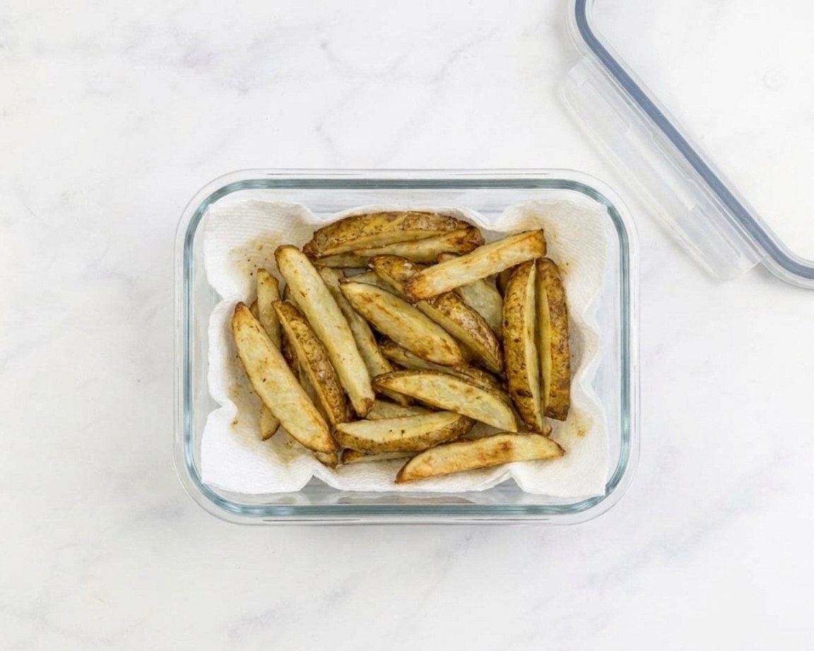Leftover air fryer fries stored in a glass container lined with a paper towel on a kitchen counter