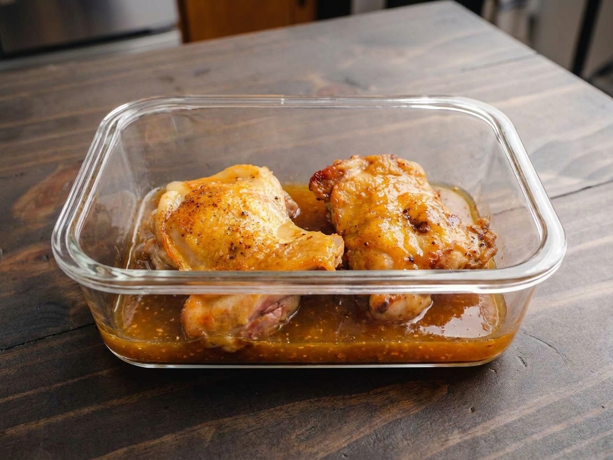 Leftover apricot chicken thighs in a clear airtight meal prep container with extra sauce pooled at the bottom, sitting on a kitchen counter