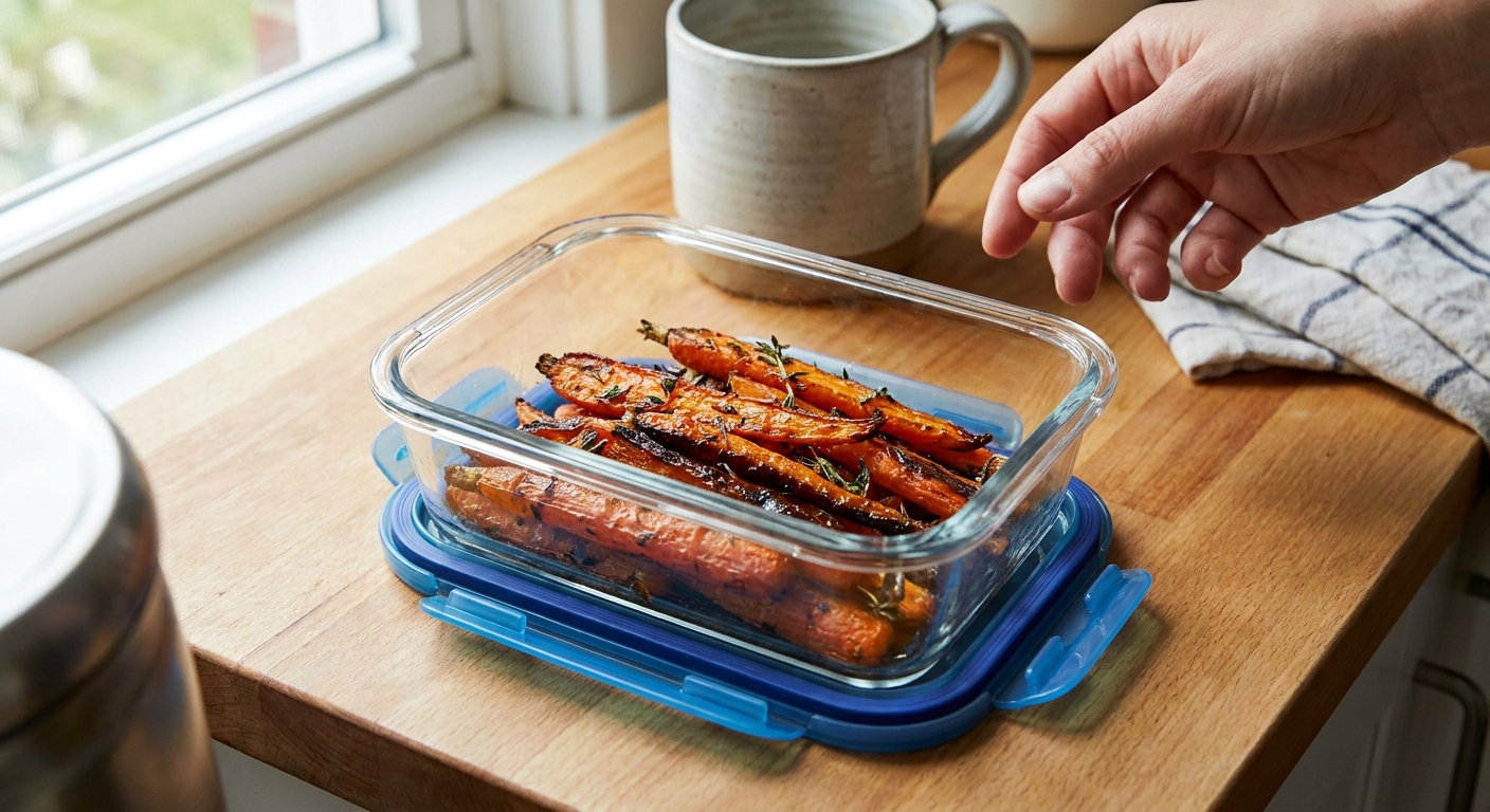 Leftover baked carrots in a clear glass meal prep container with a snapped-on lid on a kitchen counter