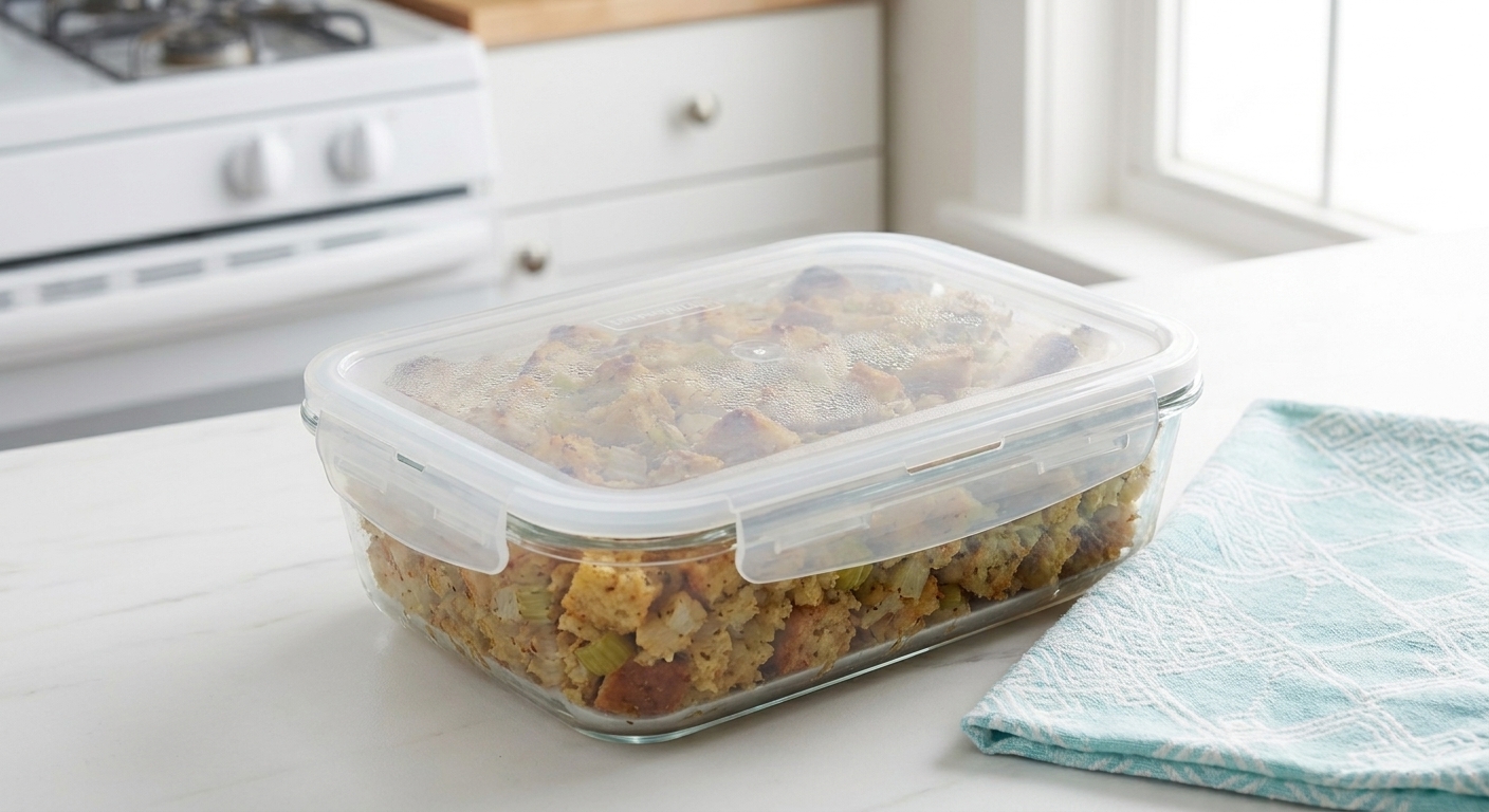 Leftover baked stuffing stored in a clear glass container with a snapped-on lid on a kitchen counter