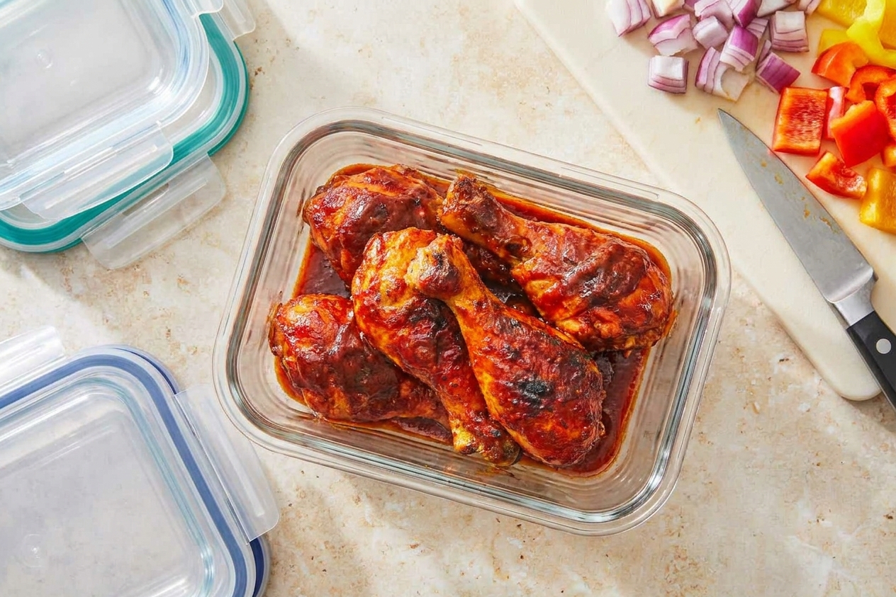 Leftover barbecue chicken pieces stored in a clear airtight container on a kitchen counter, ready for meal prep