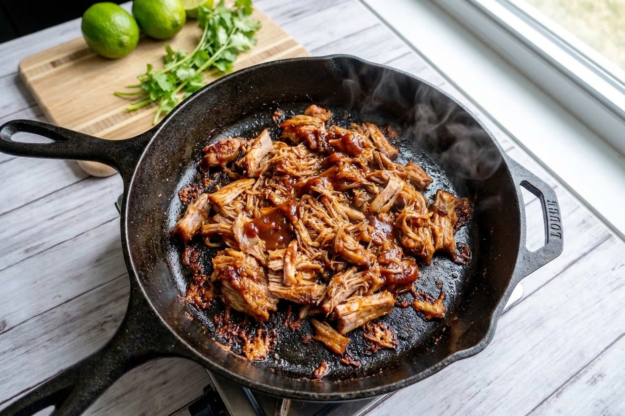 Leftover barbecue pulled pork sizzling in a cast iron skillet with caramelized crispy edges forming on the stovetop