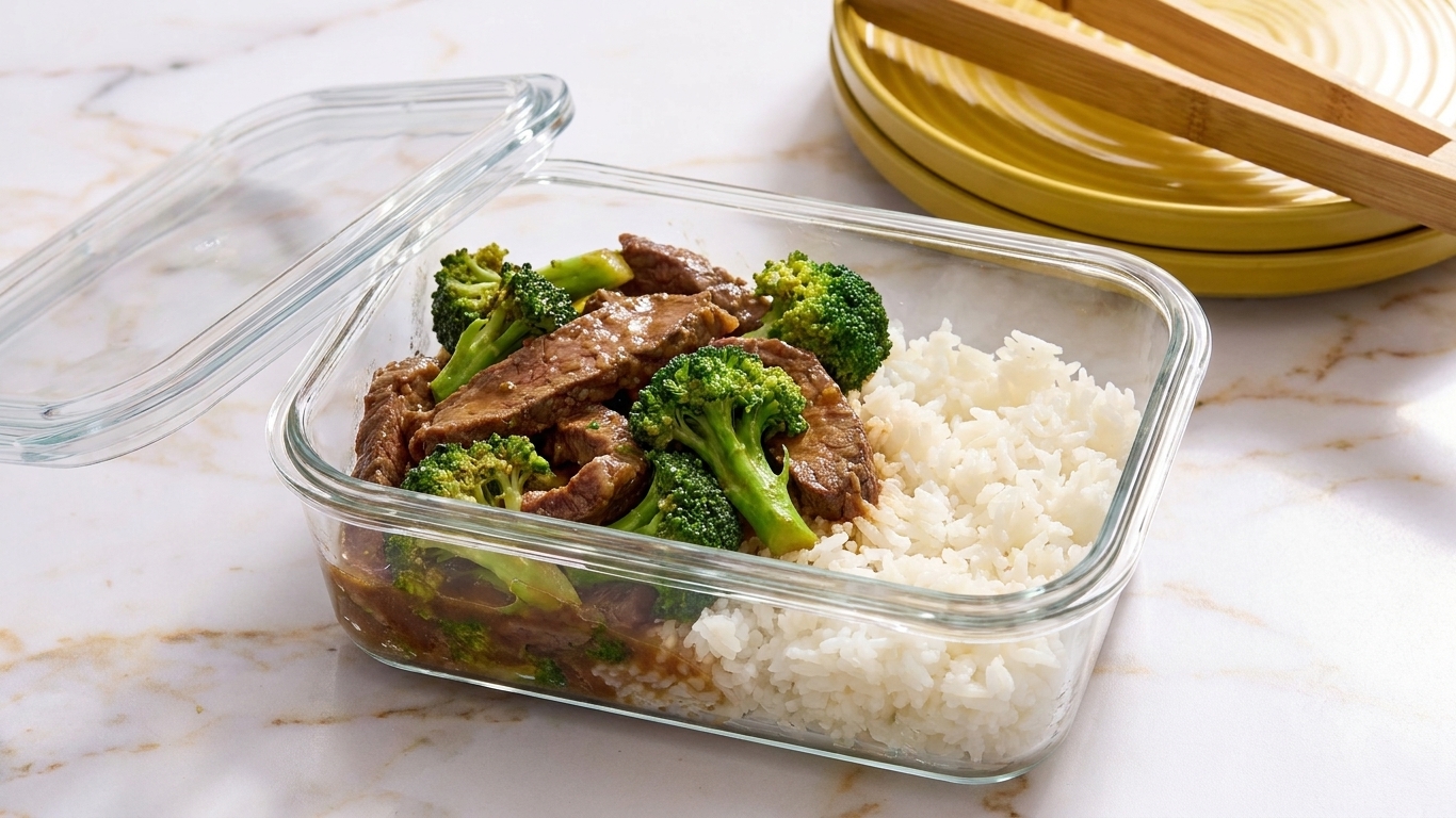 Leftover beef and broccoli in a clear glass meal prep container with rice, sitting on a kitchen counter with a lid nearby