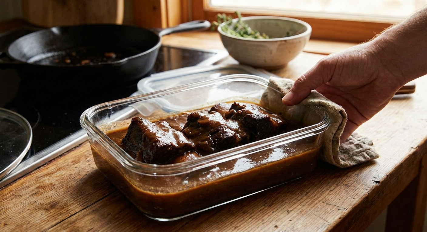 Leftover beef short ribs stored in a glass container covered with rich brown gravy on a kitchen counter