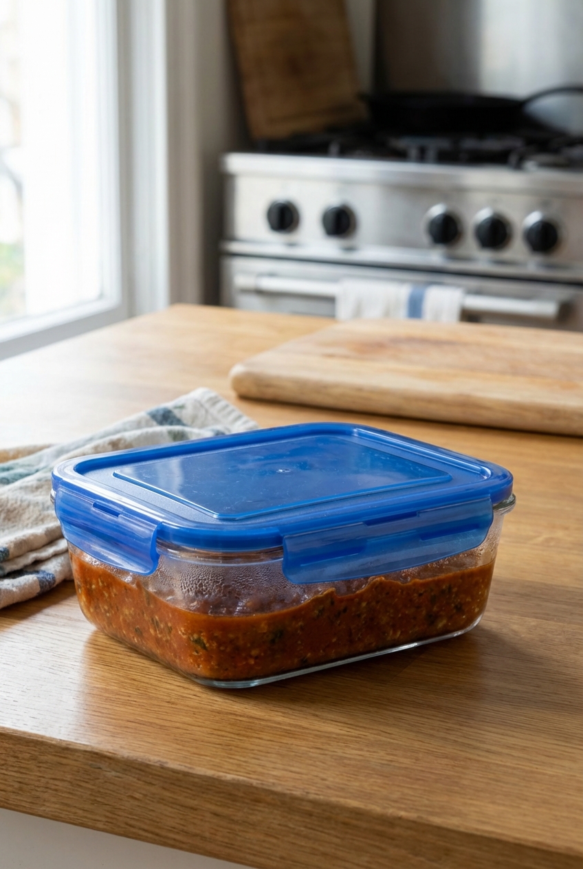 Leftover bolognese sauce in a glass storage container with a lid on a kitchen counter
