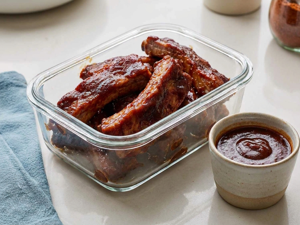Leftover boneless pork ribs in a clear airtight container with extra BBQ sauce in a small cup beside it on a kitchen counter