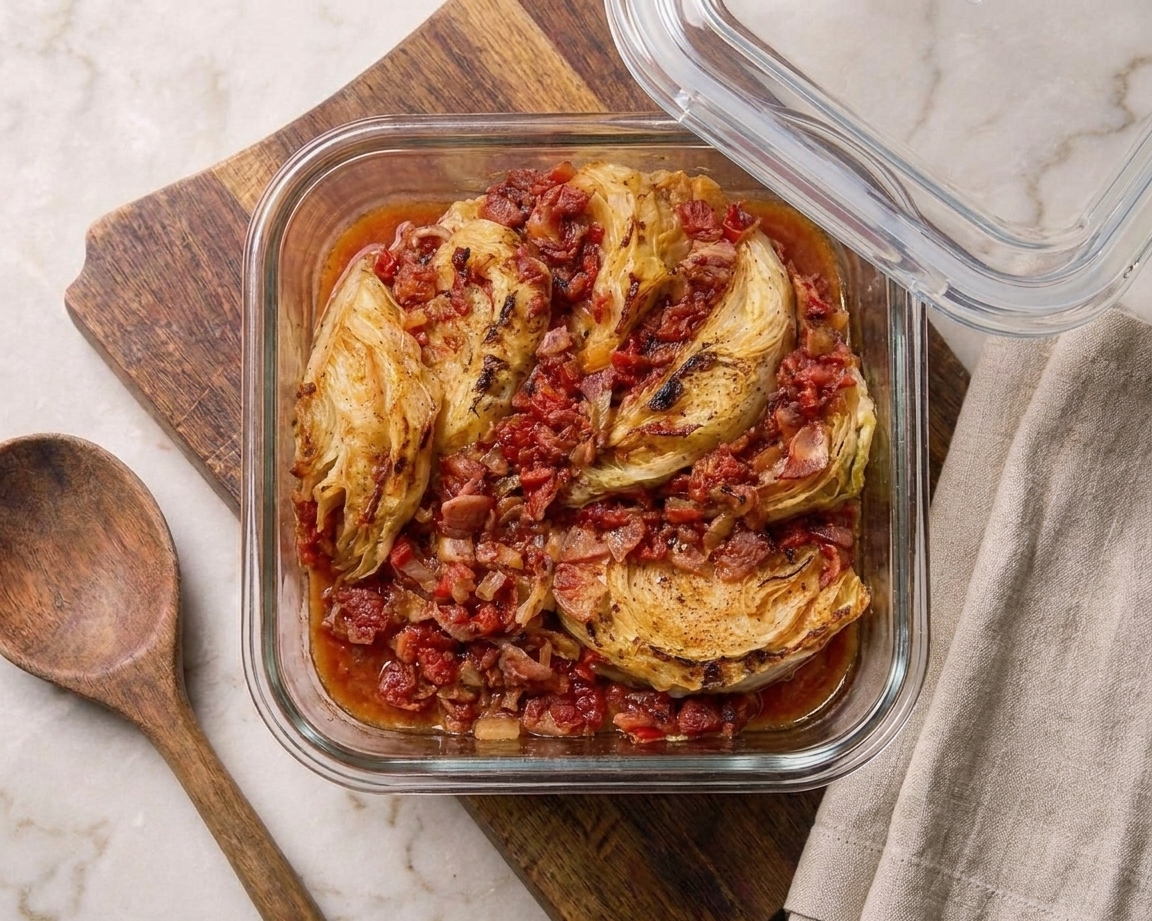 Leftover braised cabbage with bacon stored in a glass container, ready for reheating