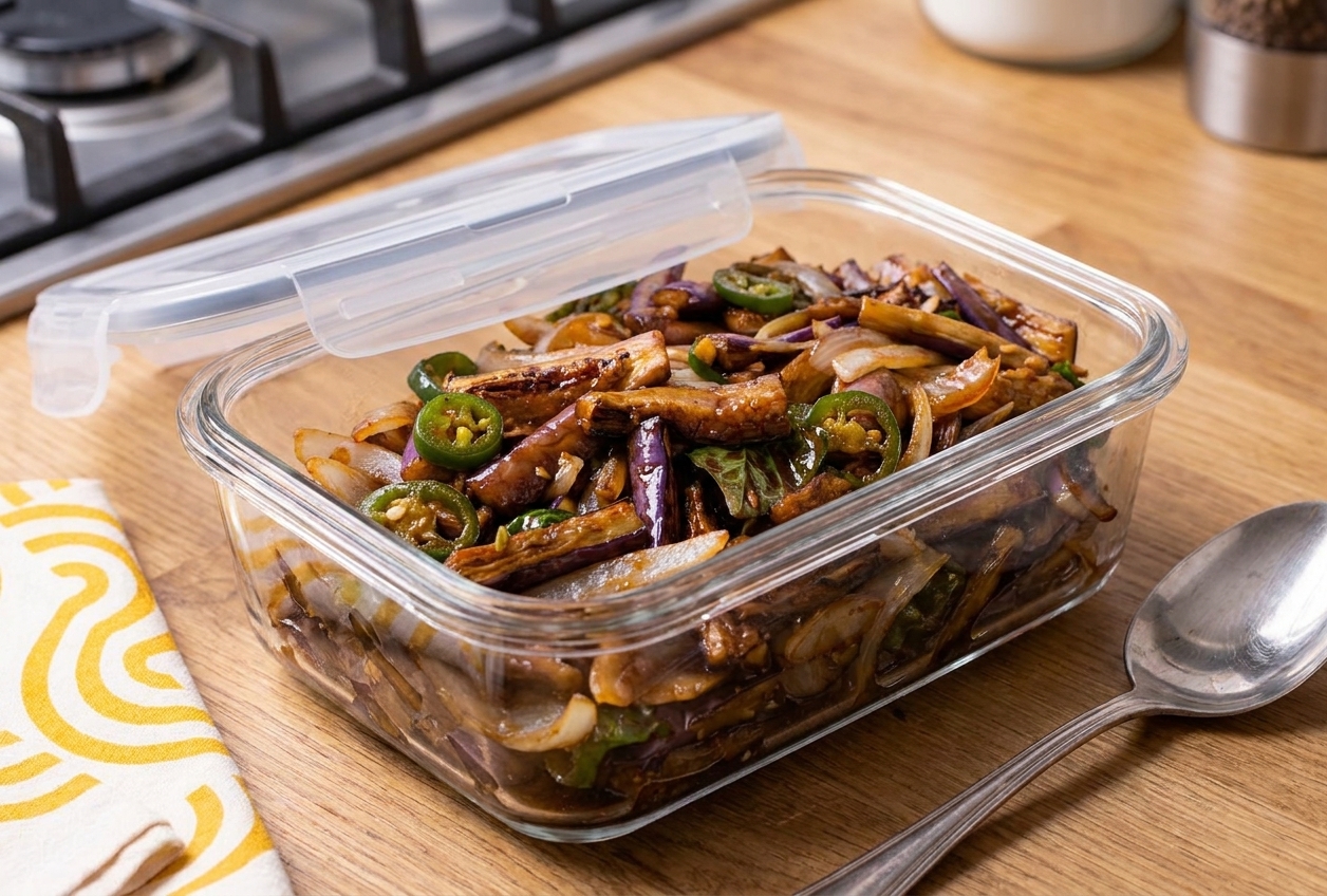 Leftover brinjal Chinese in a clear airtight glass container on a kitchen counter with a spoon beside it