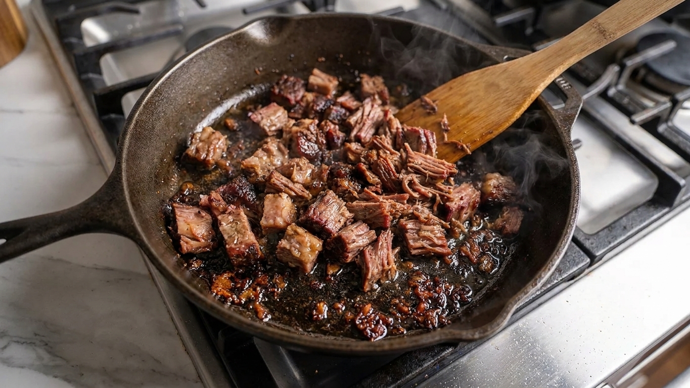 Leftover brisket pieces browning in a hot skillet with caramelized bits forming
