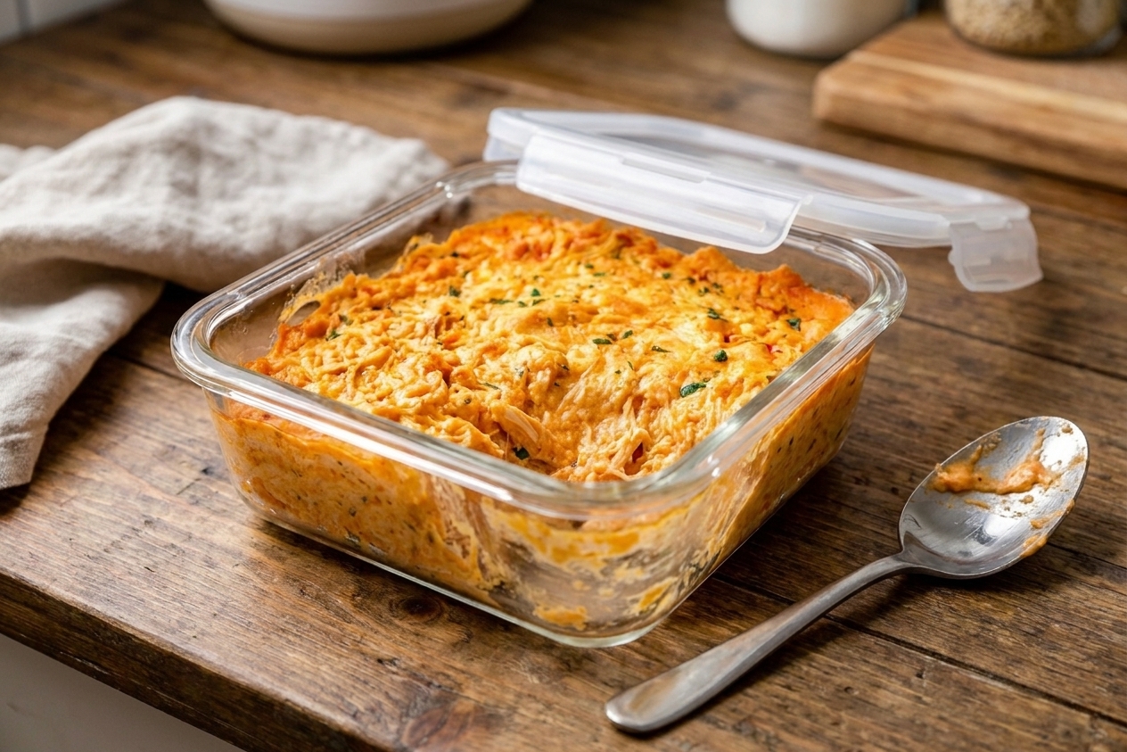 Leftover buffalo chicken dip in a glass airtight container on a kitchen counter with a spoon resting nearby