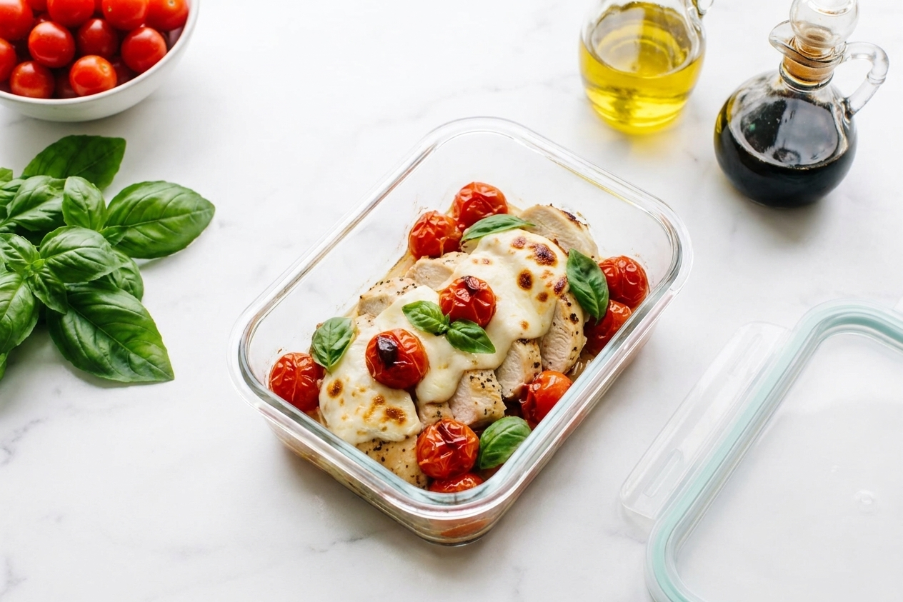 Leftover caprese chicken in a glass meal prep container with tomatoes and melted mozzarella, set on a kitchen counter