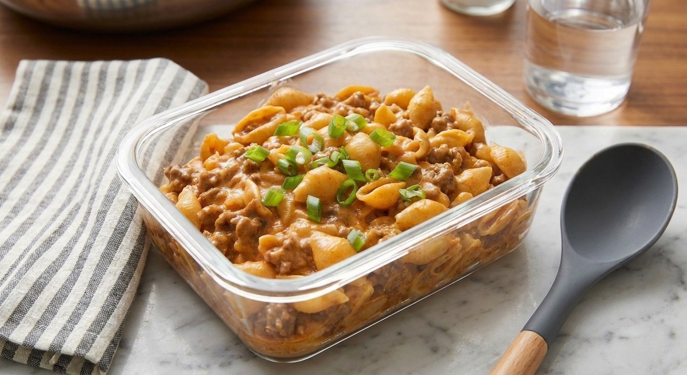 Leftover cheeseburger macaroni in a clear airtight container on a kitchen counter with a spoon nearby
