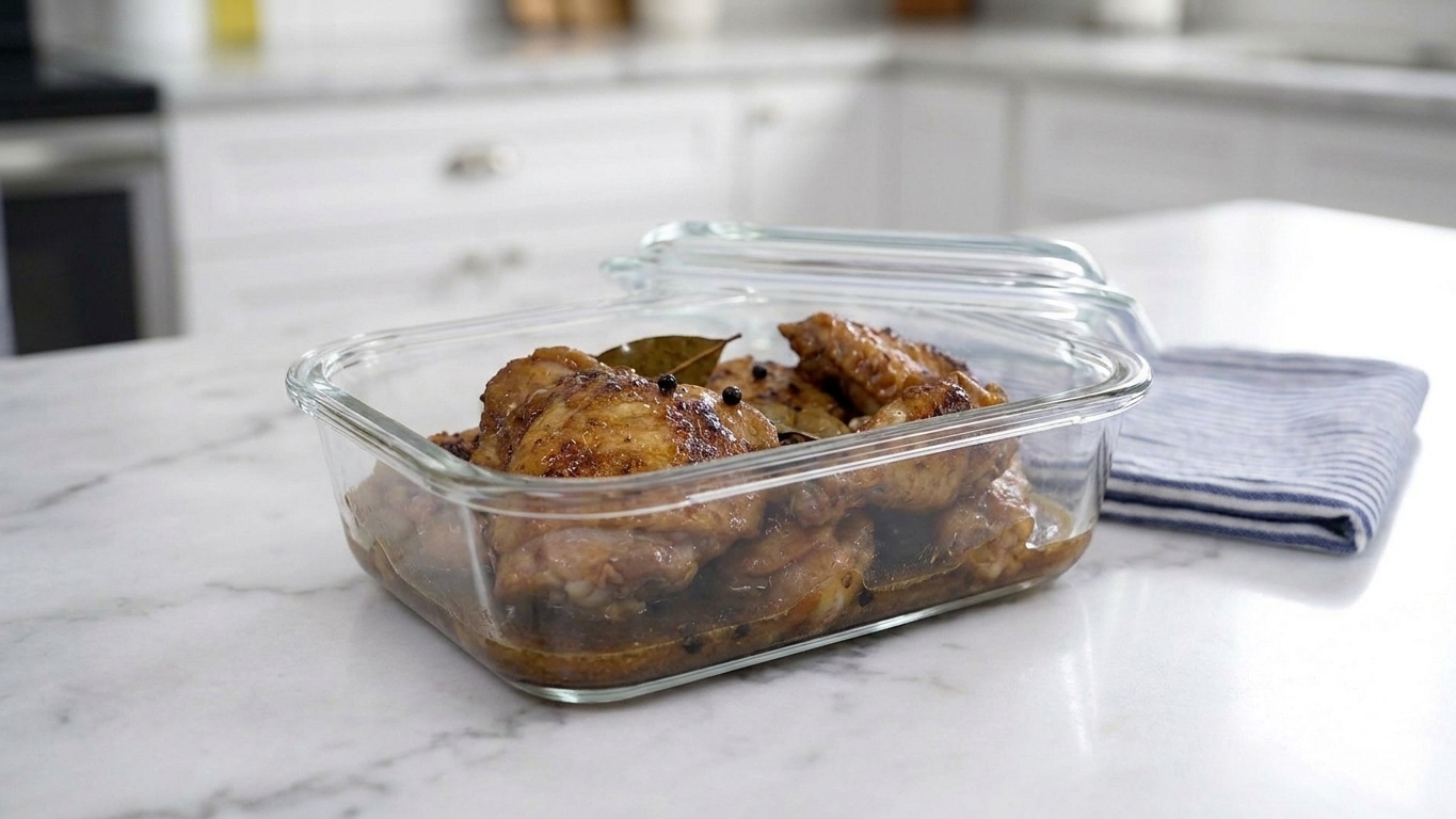 Leftover chicken adobo in a glass meal-prep container with sauce and bay leaves visible, placed on a kitchen counter