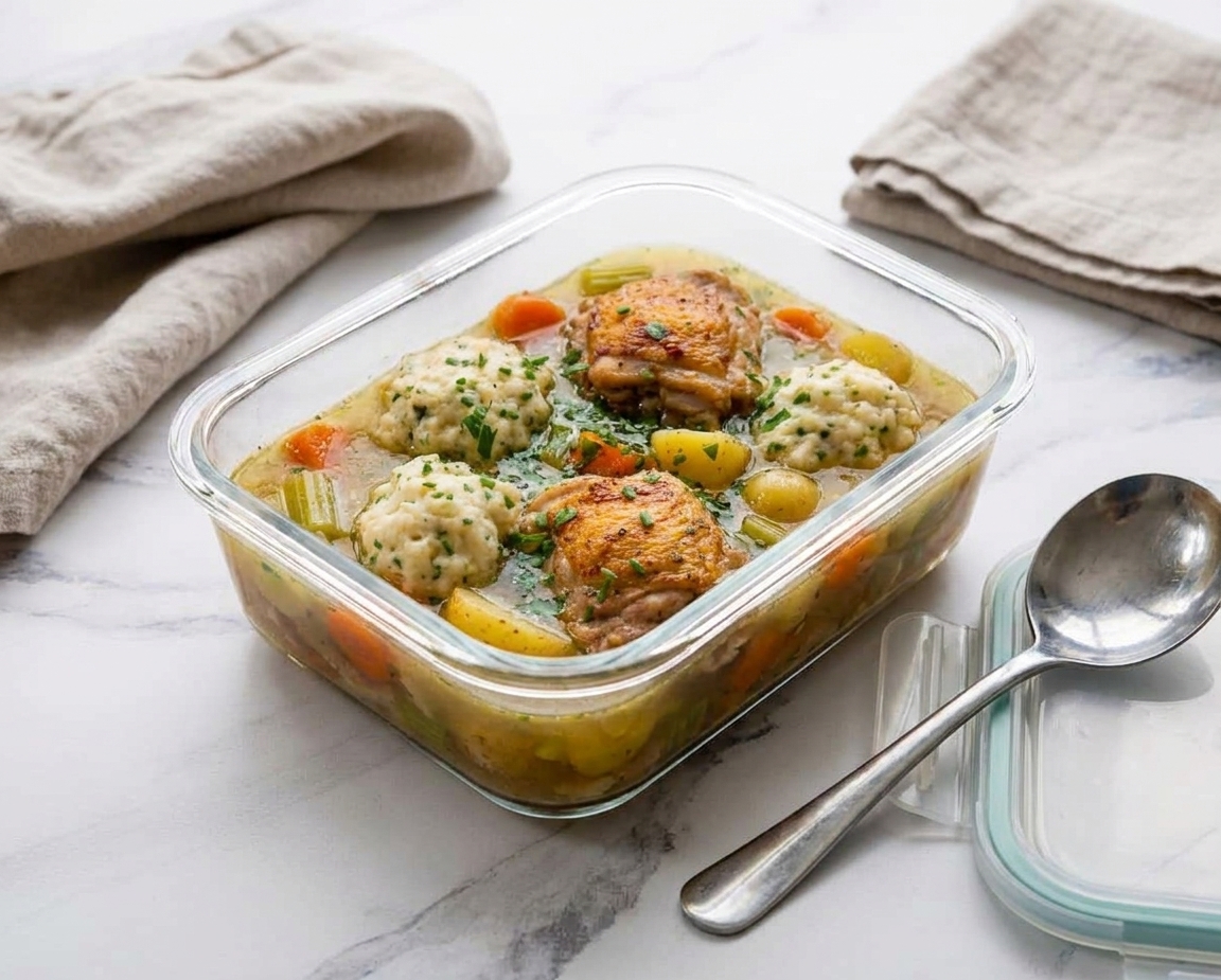 Leftover chicken and dumpling soup in a clear airtight container on a kitchen counter with a spoon nearby