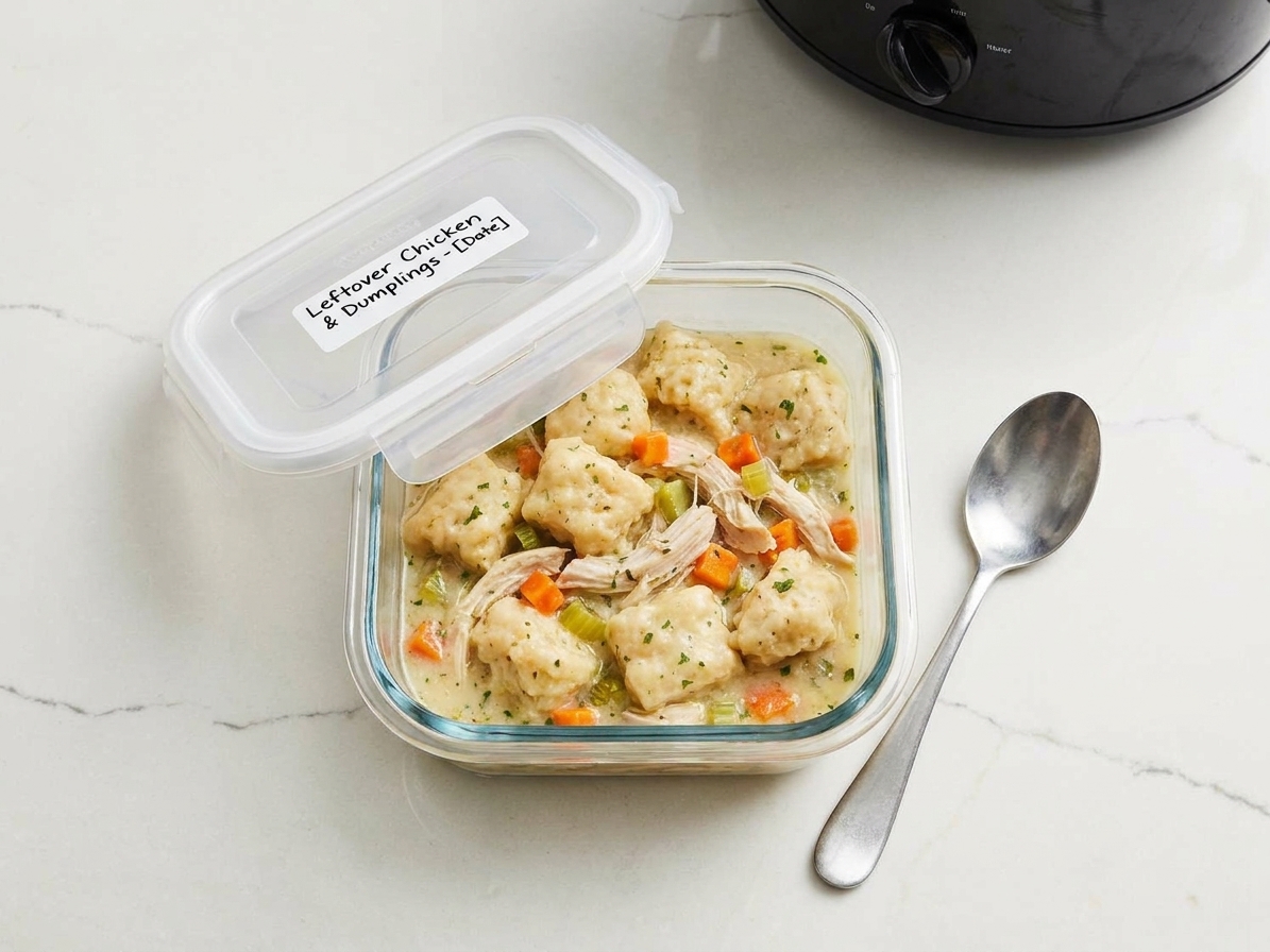 Leftover chicken and dumplings stored in a clear airtight container on a kitchen counter with a labeled lid and a spoon nearby
