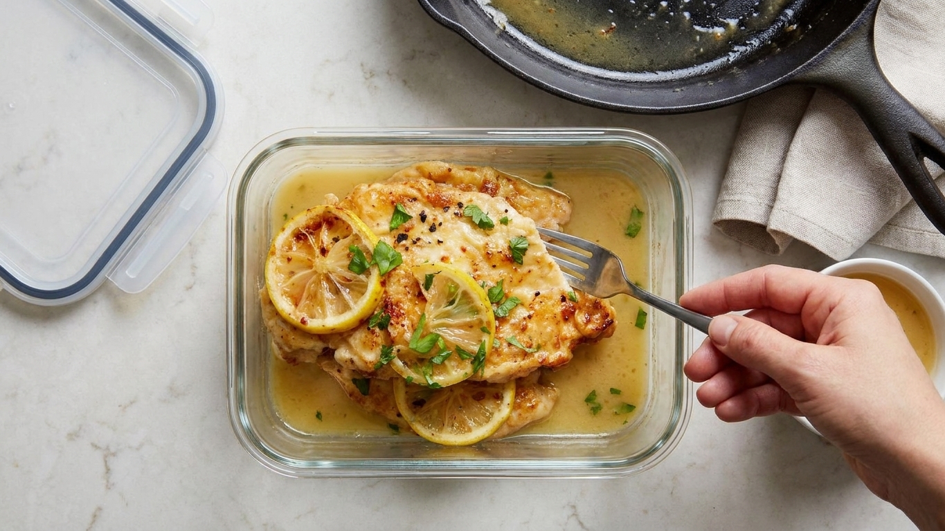 Leftover chicken francaise in a glass meal prep container with lemon slices and sauce pooled around the chicken