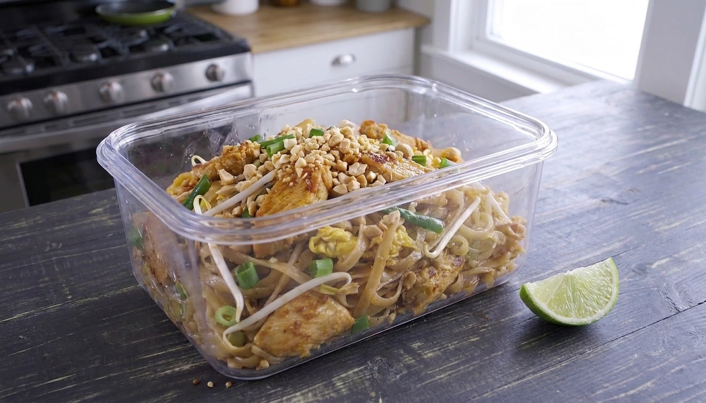 Leftover chicken pad thai in a clear airtight container on a kitchen counter with a lime wedge nearby