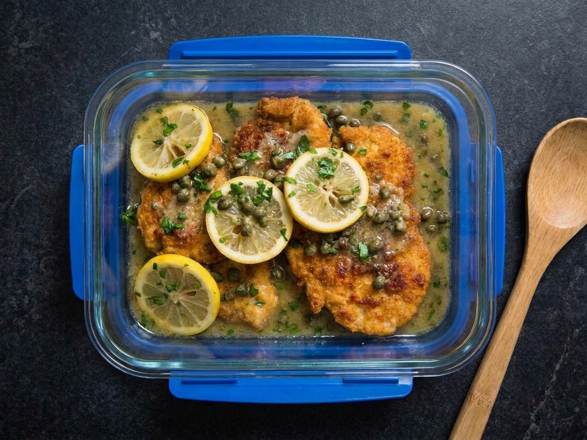 Leftover chicken piccata stored in a glass container with lemon slices and sauce visible