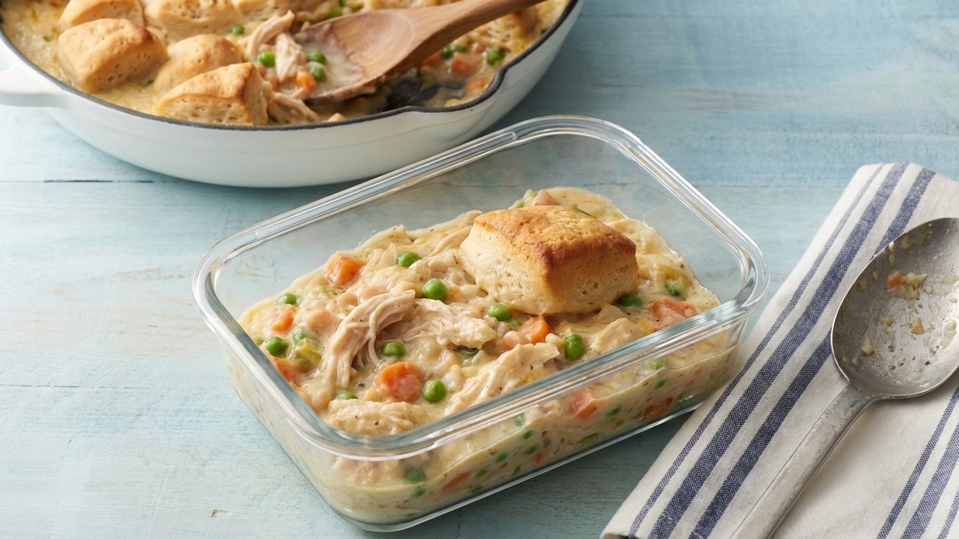Leftover chicken pot pie bake portioned into a glass meal prep container with a golden biscuit on top