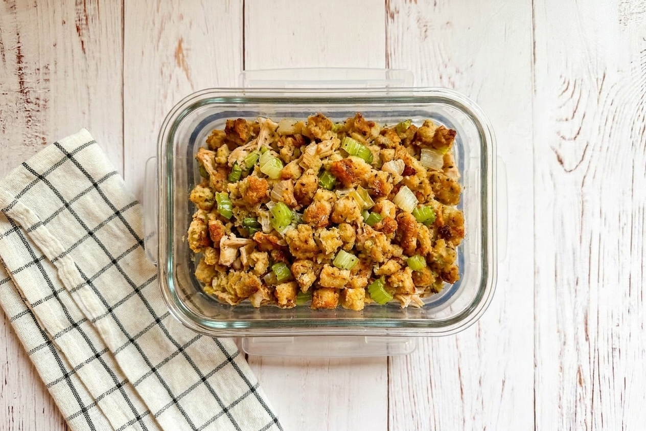 Leftover chicken stuffing casserole portion in a glass meal prep container with a snapped-on lid on a kitchen counter