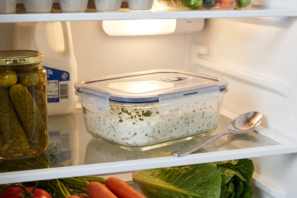Leftover clam dip in a sealed glass container on a refrigerator shelf with a spoon resting nearby