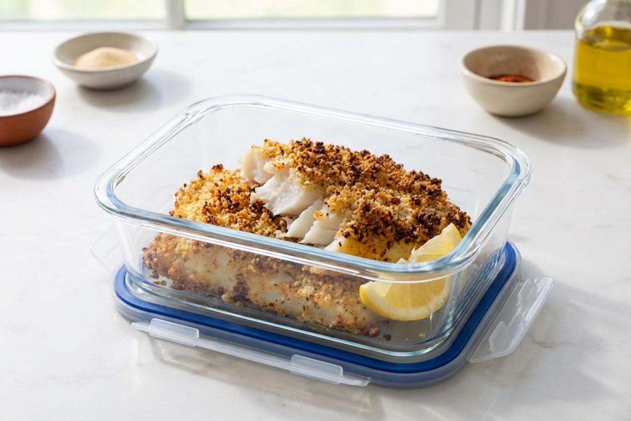 Leftover cooked cod fillets in a glass airtight container on a kitchen counter, ready to refrigerate