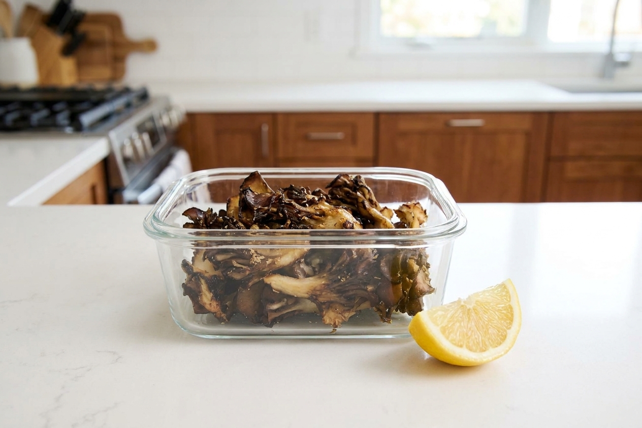 Leftover cooked maitake mushrooms in a clear airtight container on a kitchen counter next to a lemon wedge