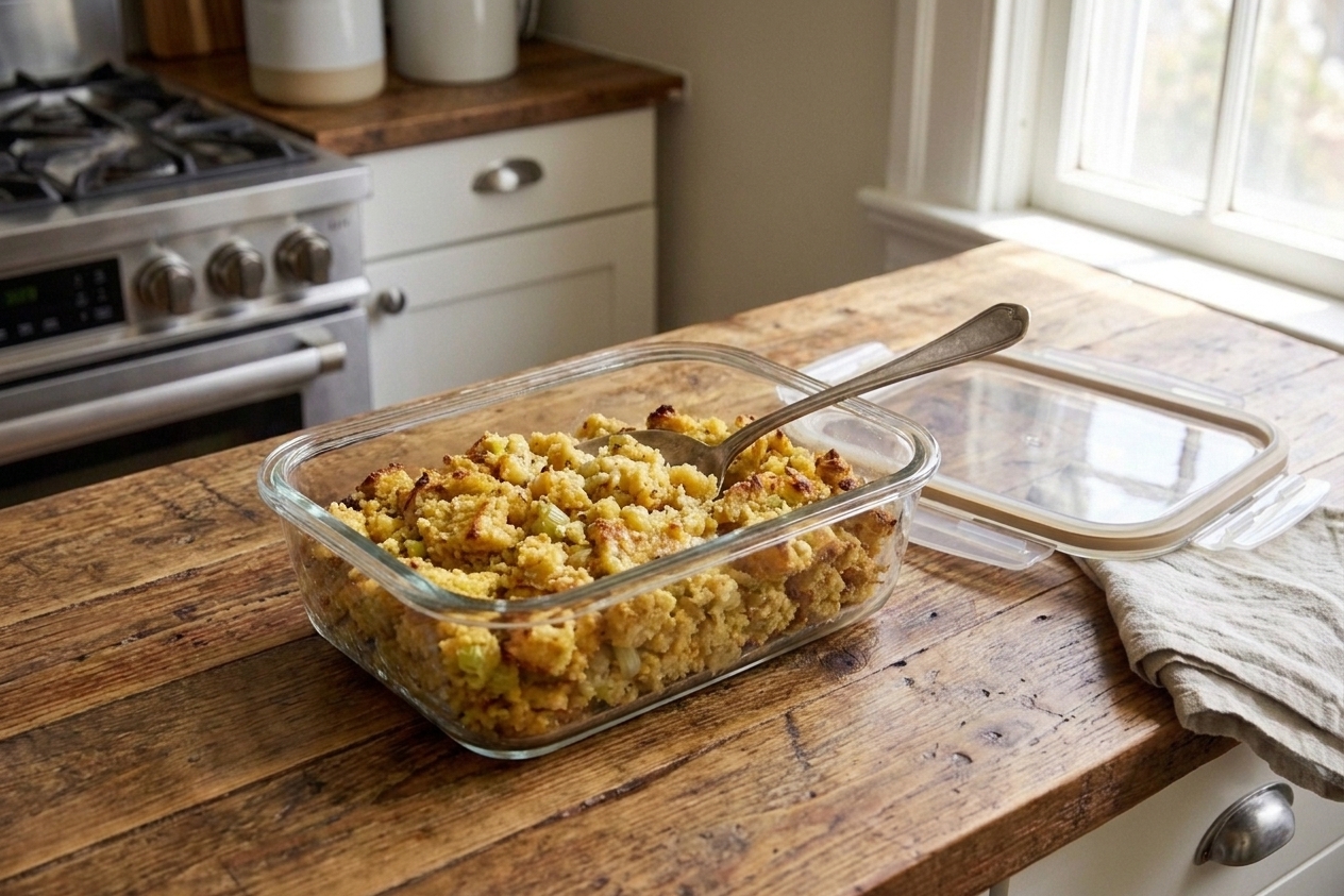 Leftover cornbread dressing stored in a glass airtight container on a kitchen counter with the lid set beside it
