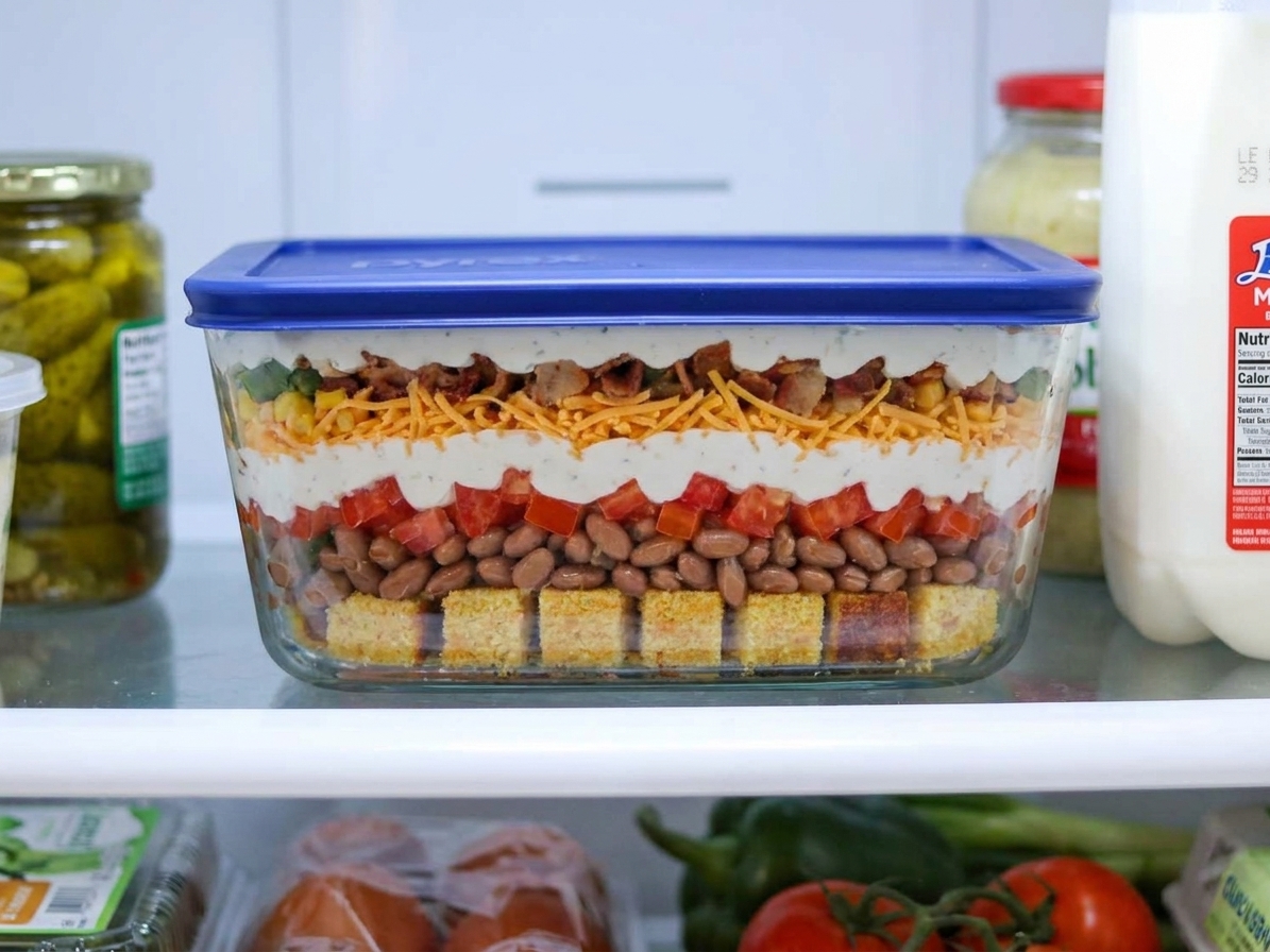Leftover cornbread salad stored in a clear container with visible layers on a refrigerator shelf