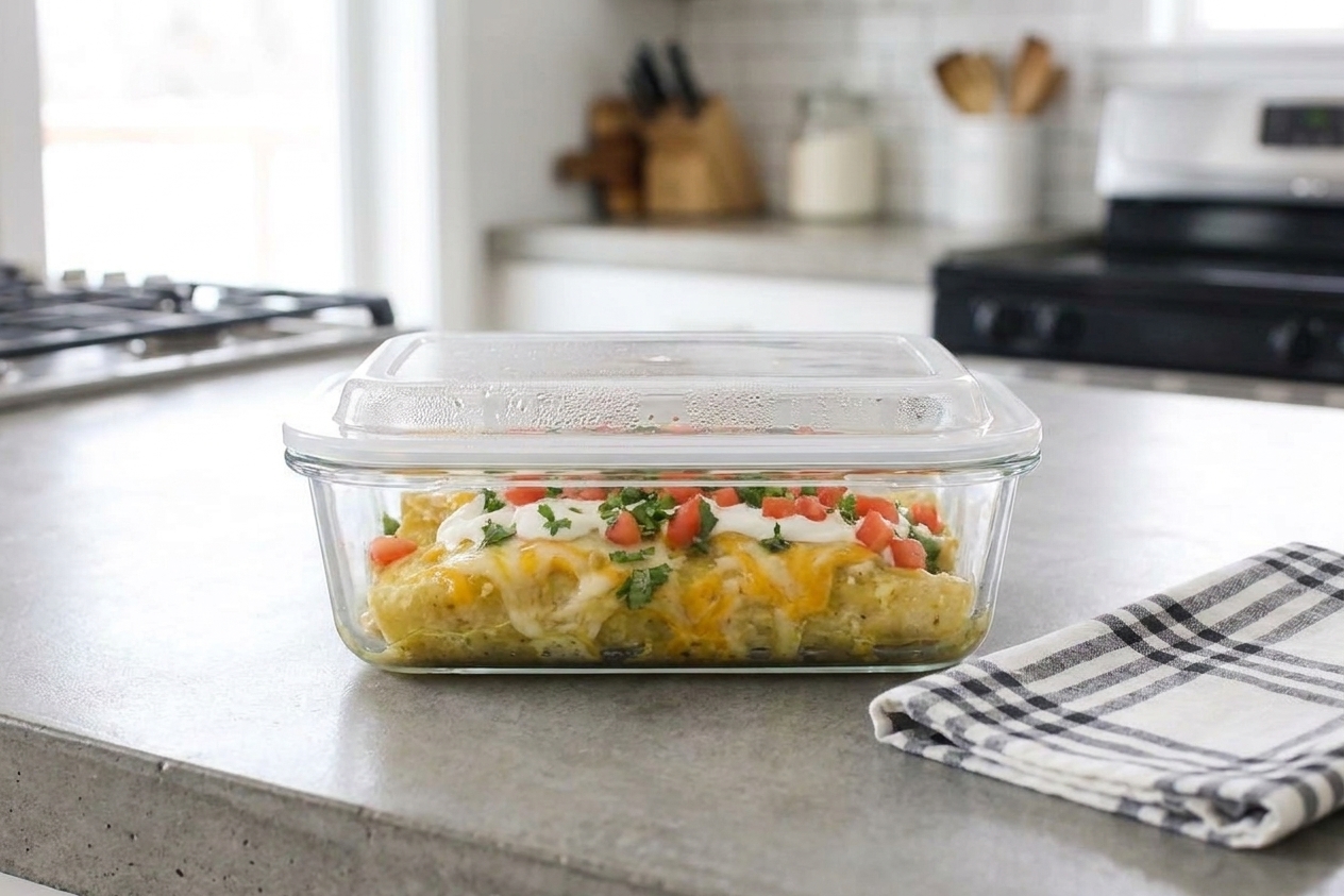 Leftover cream cheese chicken enchiladas stored in a glass meal prep container with a tight lid on a kitchen counter