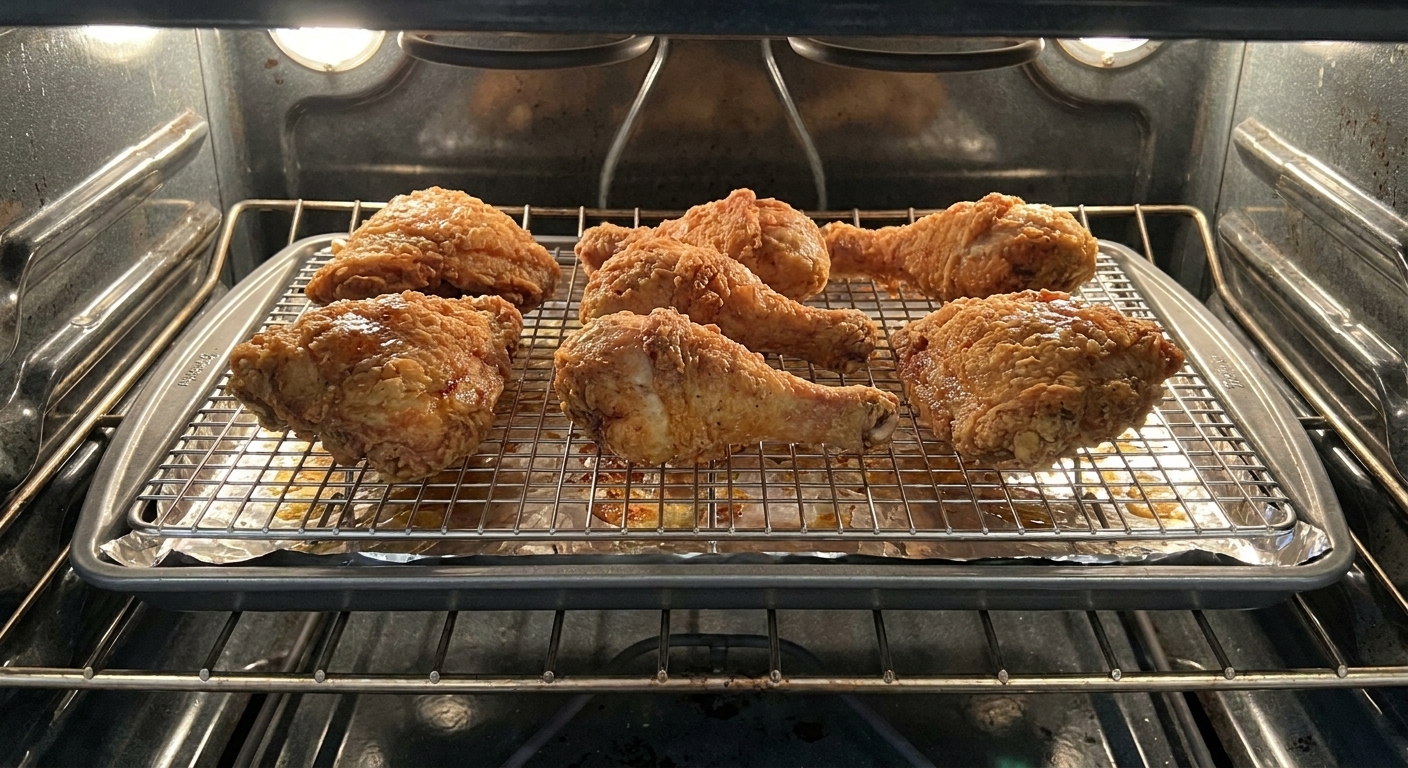 Leftover crispy chicken pieces reheating on a wire rack set over a sheet pan inside a home oven