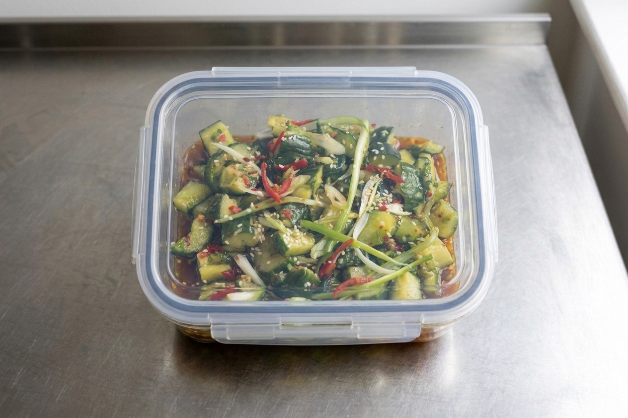 Leftover cucumber salad in a clear glass storage container with a tight fitting lid on a kitchen counter
